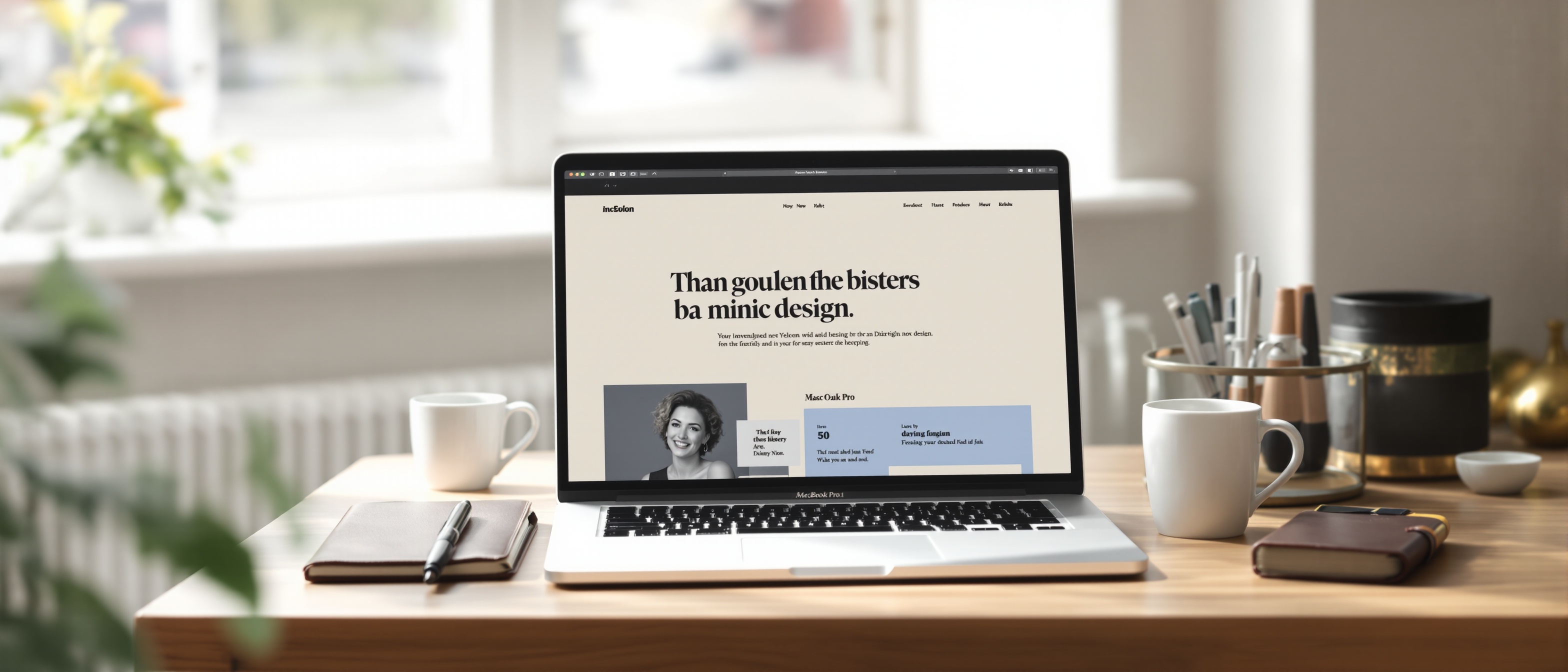 A MacBook on an oak desk showing an editorial Web Wise North website design with large serif headlines and a warm cream background