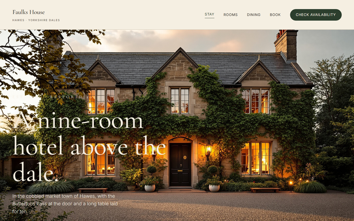 Faulks House homepage — boutique hotel hero with Cormorant Garamond display and warm earth palette
