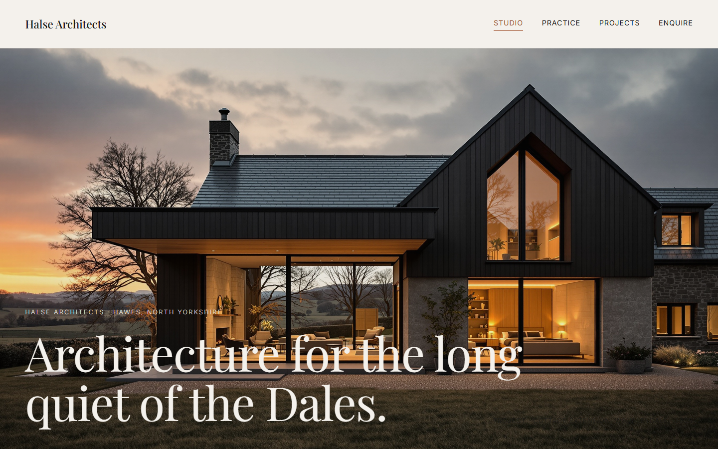 Halse Architects homepage — quiet portfolio layout with Playfair Display and warm parchment palette