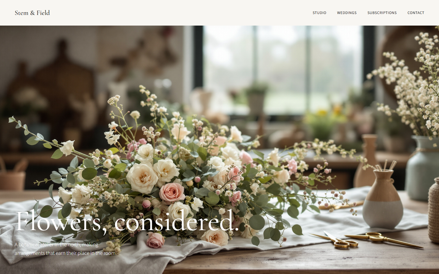 Stem & Field homepage — editorial florist hero with botanical photography and Cormorant display type